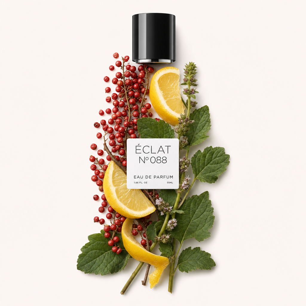 Una composizione di bacche di pepe rosa, fette di agrumi e foglie verdi attorno a un tappo nero con etichetta ÉCLAT Pink Pepper & Citrus Fruits.