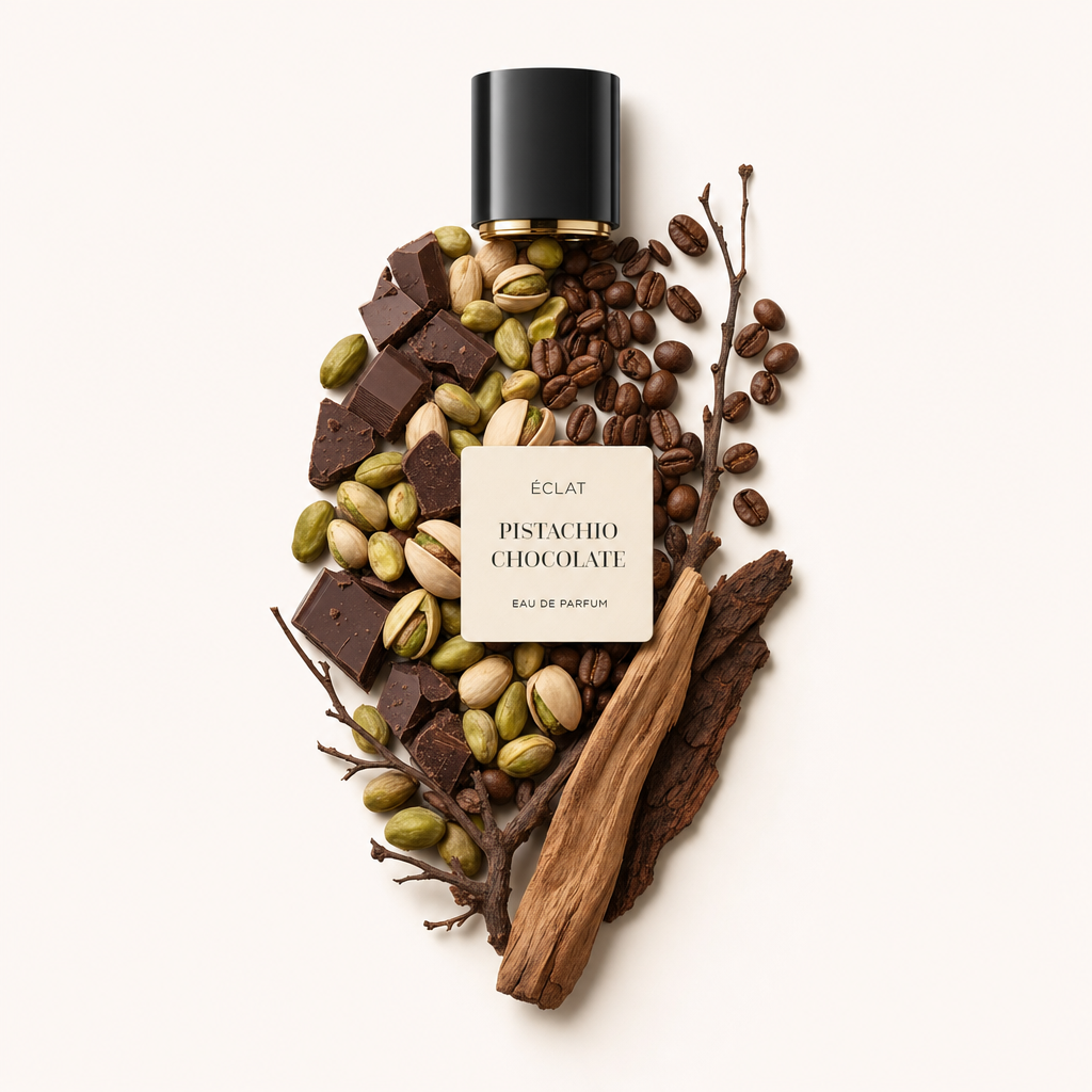 Un arrangiamento di pezzi di cioccolato, pistacchi, chicchi di caffè e legno, con un tappo nero e l'etichetta di ÉCLAT Pistachio Chocolate in cima.