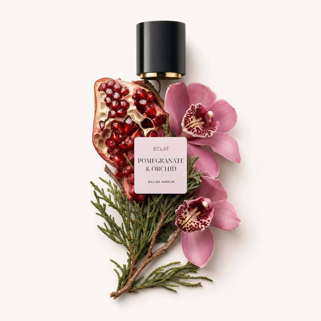 Una composizione fatta a mano di semi di melograno, orchidee rosa e fogliame verde circonda il tappo nero con etichetta ÉCLAT Pomegranate & Orchid.