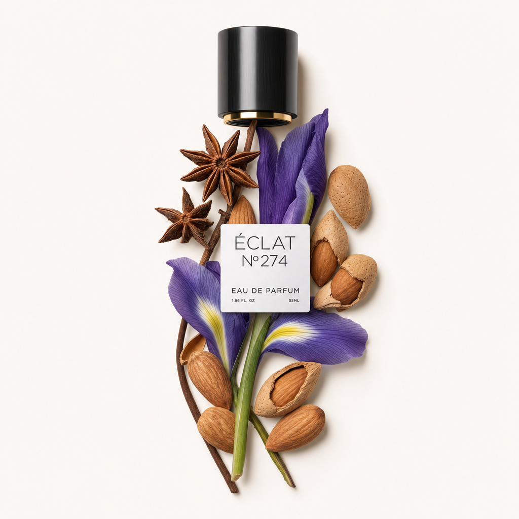 Un arrangiamento di anice stellato, fiori di iris viola e baccelli di mandorla circonda un tappo nero con etichetta ÉCLAT Powdery Almond.