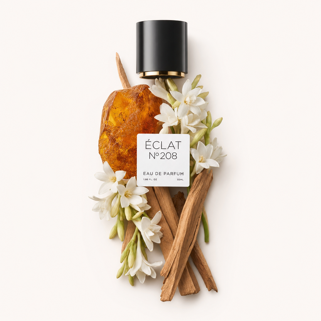 Un arrangiamento di fiori bianchi e resina d'ambra con bastoncini di legno, che circonda un tappo nero con etichetta per ÉCLAT Powdery Amber.