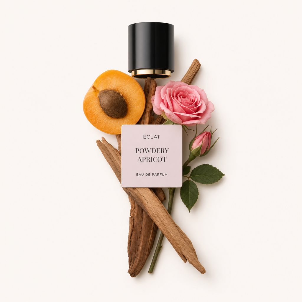 Una composizione di mezza albicocca, bastoncini di legno e una rosa rosa con foglie, accompagnata da un tappo nero e dall'etichetta ÉCLAT Powdery Apricot.
