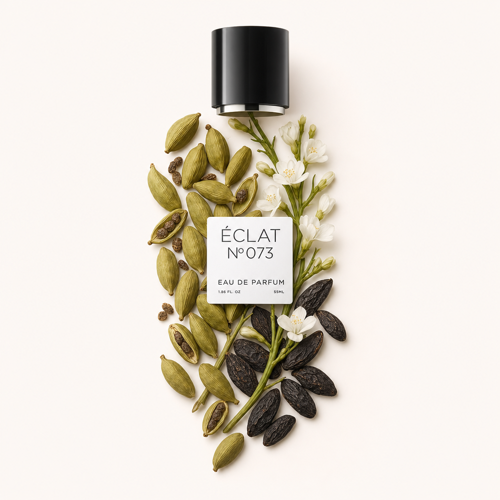 Un arrangiamento di baccelli di cardamomo, fiori bianchi e fave tonka circonda il tappo nero con etichetta per ÉCLAT Powdery Cardamom.