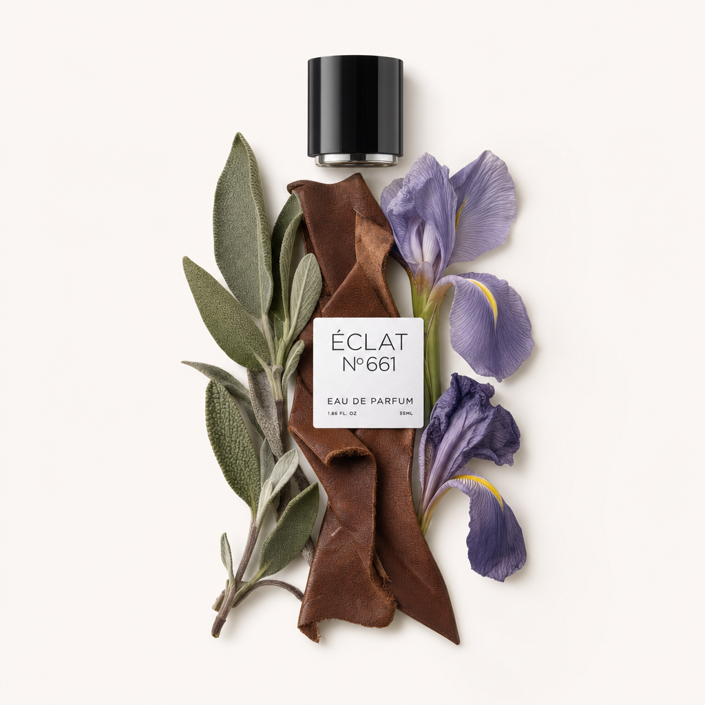Un arrangiamento di foglie di salvia, una striscia di cuoio marrone e iris viola con etichetta ÉCLAT, sormontato da un tappo nero.
