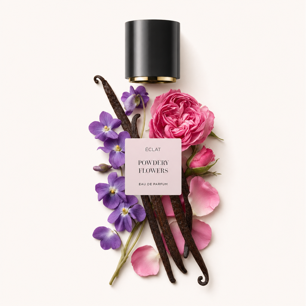 Un arrangiamento di fiori viola e rosa con baccelli di vaniglia attorno a un tappo nero con etichetta ÉCLAT Powdery Flowers.
