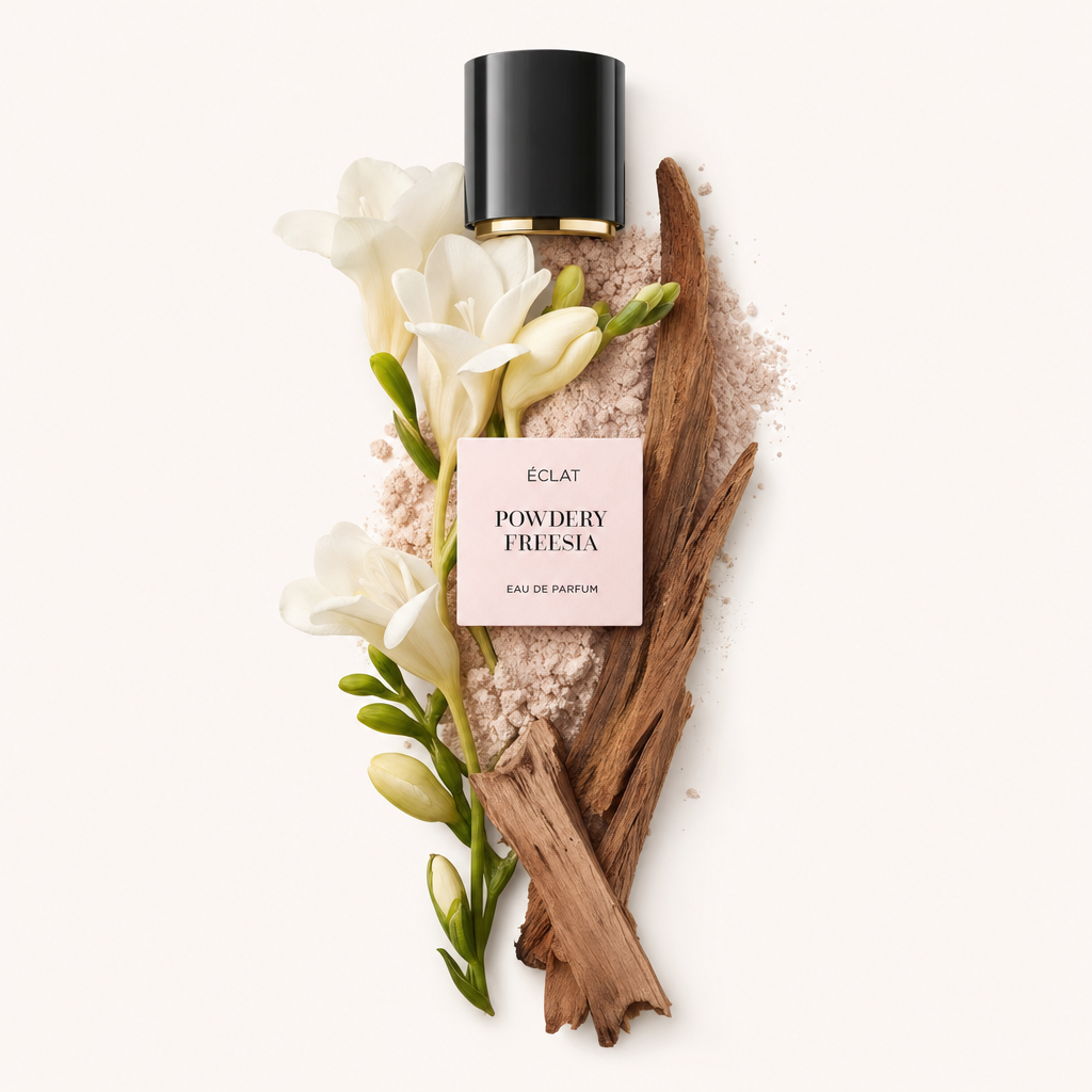 Una natura morta di fiori di fresia bianchi e legno marrone su uno sfondo di polvere fine, accompagnata dal tappo nero originale con etichetta ÉCLAT Powdery Freesia.