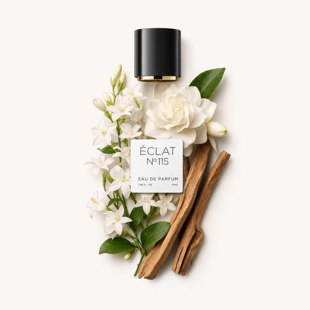 Un arrangiamento di fiori di gelsomino, un fiore di camelia bianca e bastoncini di sandalo circonda un tappo nero con bordo dorato con l'etichetta ÉCLAT Powdery Jasmine.