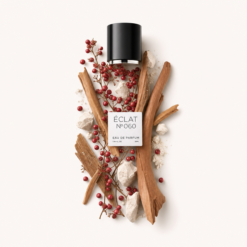 Un arrangiamento di bacche rosse e foglie di alloro insieme a frammenti di pietra testurizzata circonda un tappo nero con etichetta ÉCLAT Powdery Laurel Leaf.
