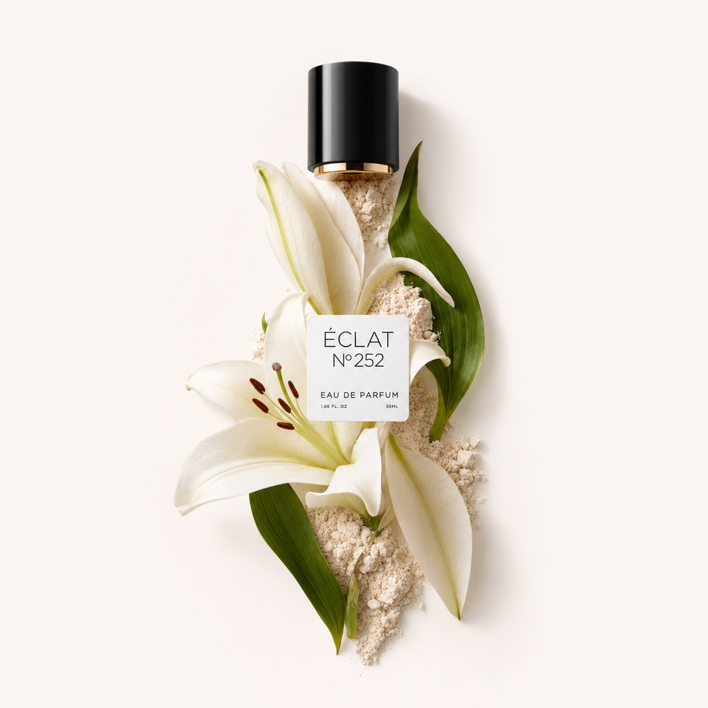 Una composizione di petali di giglio bianco, foglie verdi e una spolverata di polvere circonda il tappo nero originale con l'etichetta ÉCLAT Powdery Lily.