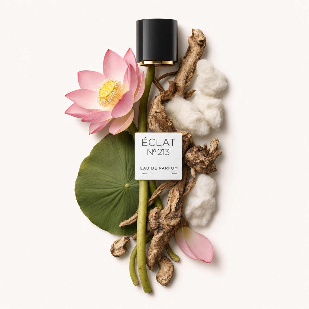 Un arrangiamento di fiore di loto rosa, foglia verde, texture di legno e cotone, accompagnato da un tappo nero con etichetta ÉCLAT Powdery Lotus.