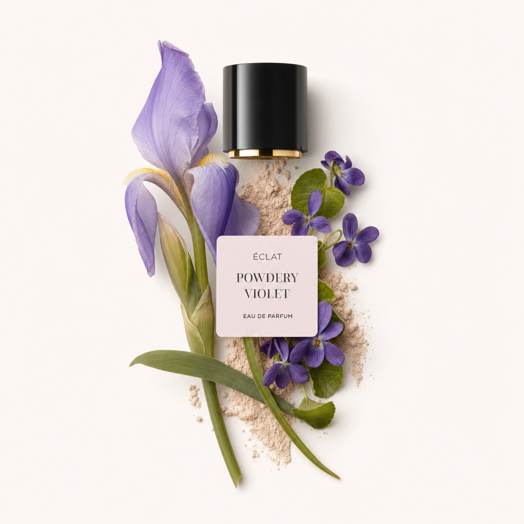 Una composizione di fiori di violetta e foglie verdi su un letto di polvere chiara, con un tappo nero e un'etichetta che mostra ÉCLAT Powdery Violet.