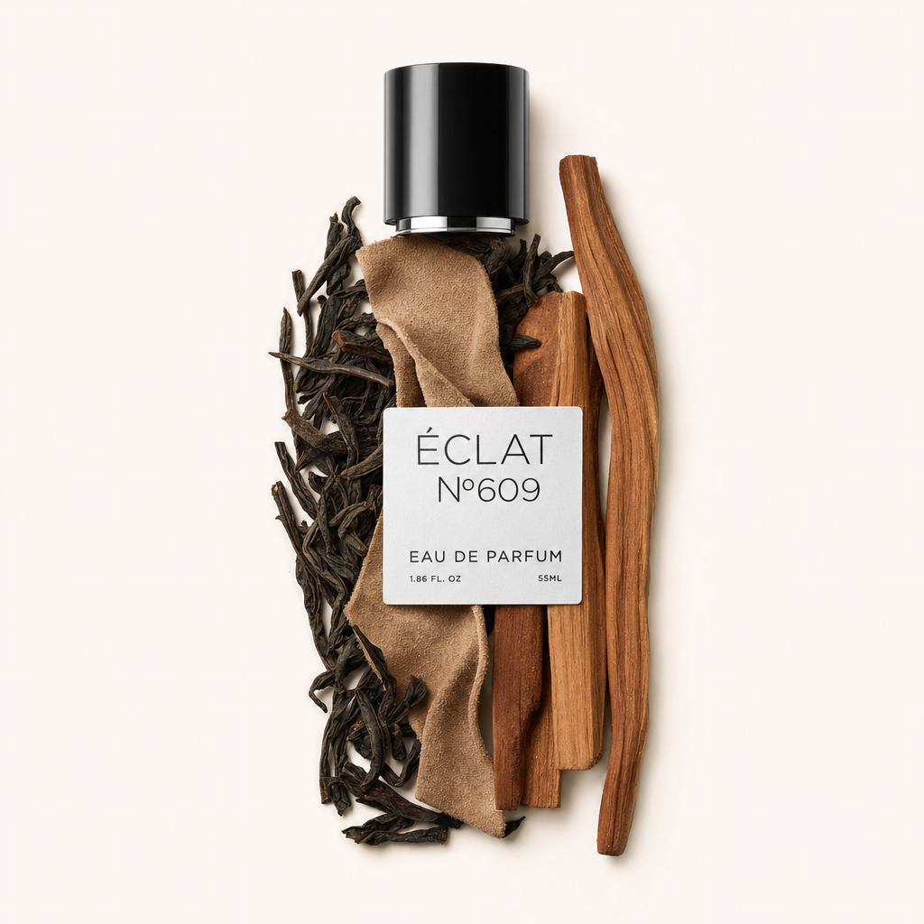 Una composizione di foglie di tè essiccate, bastoncini di legno grezzo e tessuto scamosciato è artisticamente disposta intorno al tappo nero con etichetta di ÉCLAT Powdery Woods.