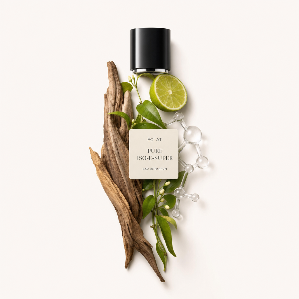 Un arrangiamento degli ingredienti di ÉCLAT Pure Iso-E-Super che include legni galleggianti, lime fresco, foglie verdi e sfere molecolari trasparenti, sormontati da un tappo nero ed etichetta.