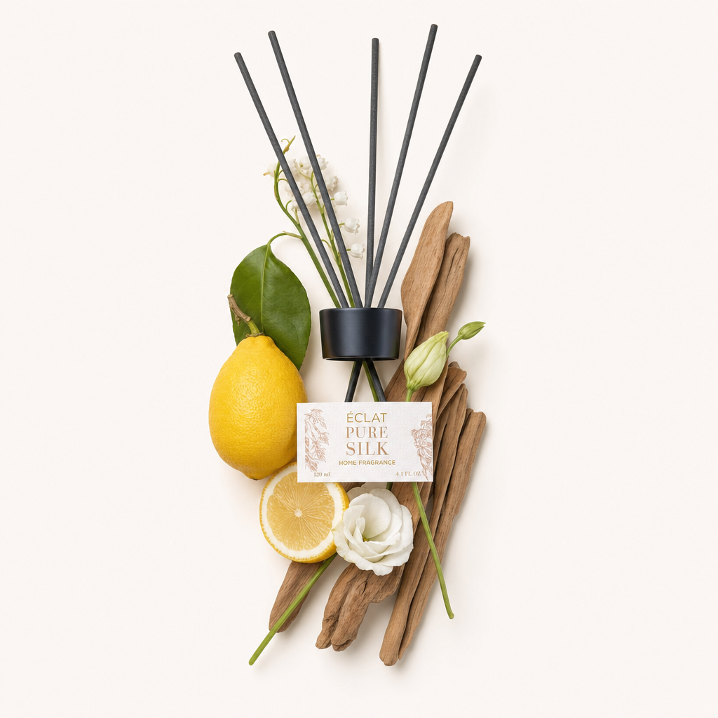 Un arrangiamento di bastoncini profumati con limone, fiori bianchi, foglie verdi e pezzi di legno chiaro, sormontati da un tappo nero etichettato 'ÉCLAT Pure Silk'.