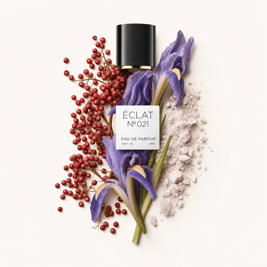 Una composizione di vivaci fiori viola, pepe rosa e delicata polvere con un tappo nero che mostra l'etichetta ÉCLAT Purple Flowers & Powder.