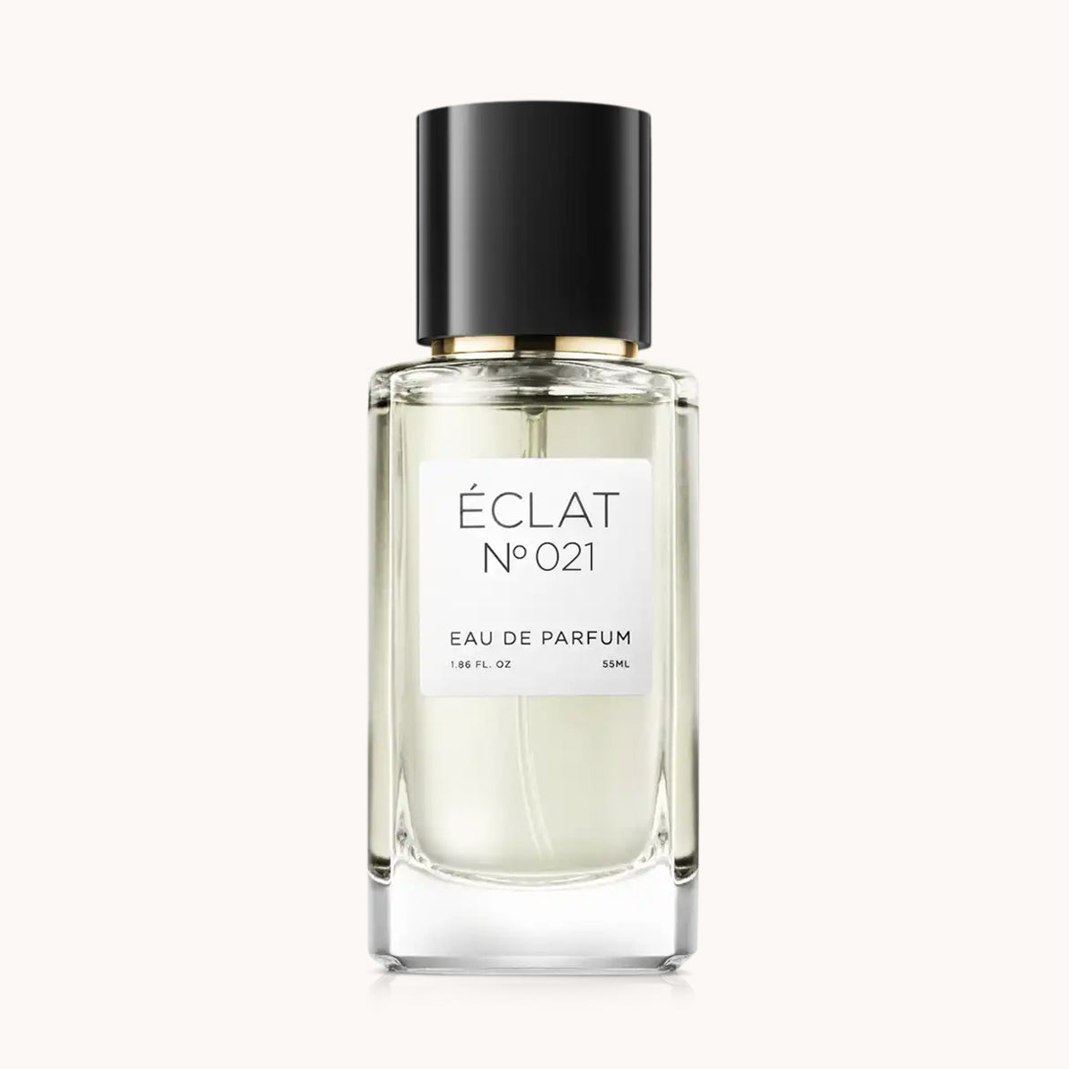 Elegante flacone di vetro ÉCLAT Purple Flowers & Powder con tappo nero e etichetta minimalista, su sfondo morbido.