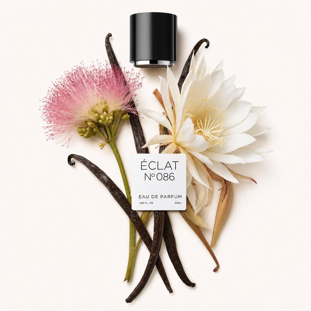 Un insieme di fiori bianchi e rosa con baccelli di vaniglia circonda elegantemente un tappo nero etichettato ÉCLAT Queen Of The Night & Vanilla.