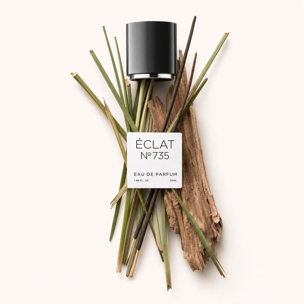 Un arrangiamento di erba secca e corteccia con tappo nero etichettato ÉCLAT Ambery Woods.