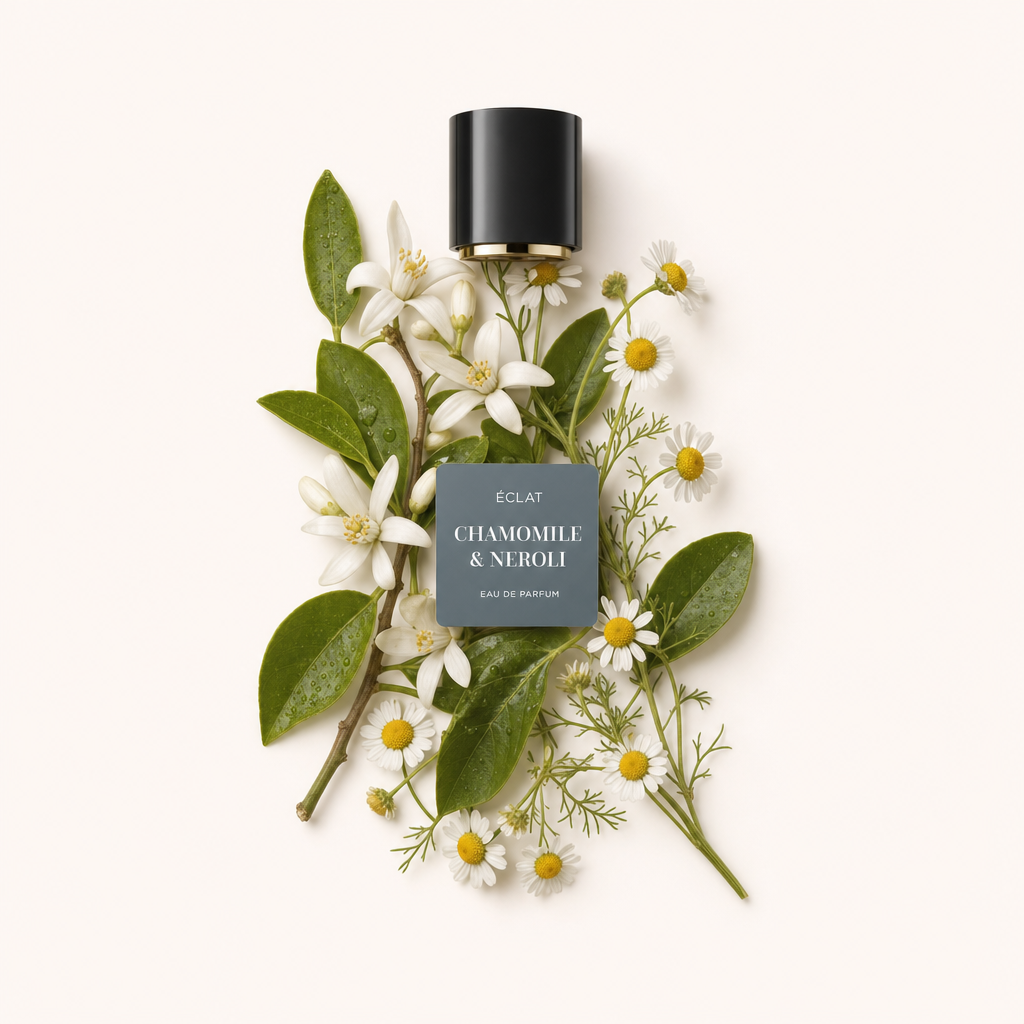 Una composizione di fiori di camomilla e neroli con foglie verdi lucide circonda il tappo nero originale con etichetta di ÉCLAT Chamomile & Neroli.