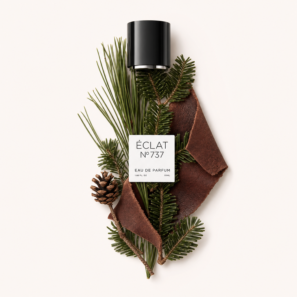 Un arrangiamento di aghi di abete balsamico, pigna e strisce di cuoio attorno a un tappo nero con etichetta di ÉCLAT Leathery Balsam Fir.