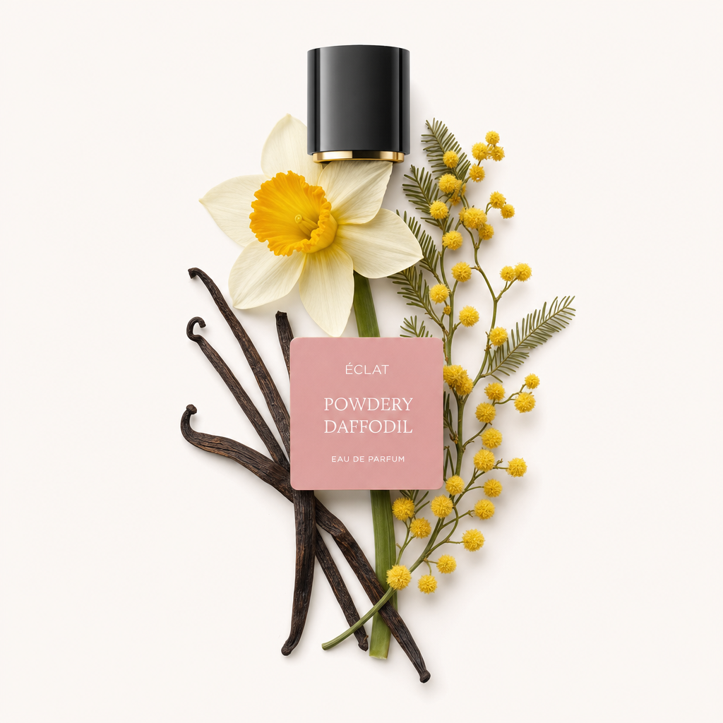 Un arrangiamento di baccelli di vaniglia, un narciso e fiori di mimosa intorno a un tappo nero con accento dorato etichettato ÉCLAT Powdery Daffodil.