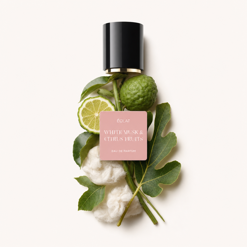 Una disposizione di ingredienti che mostra ÉCLAT White Musk & Citrus Fruits, con lime fresco, bergamotto, foglie verdi e fibre morbide, con il tappo nero originale con l'etichetta.