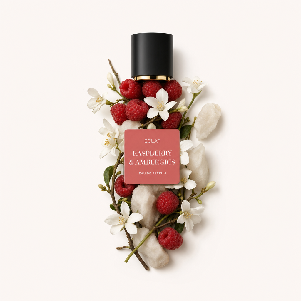 Lamponi, fiori bianchi e pezzi di ambra grigia sono disposti artisticamente intorno a un tappo nero con etichetta che mostra ÉCLAT Raspberry & Ambergris.