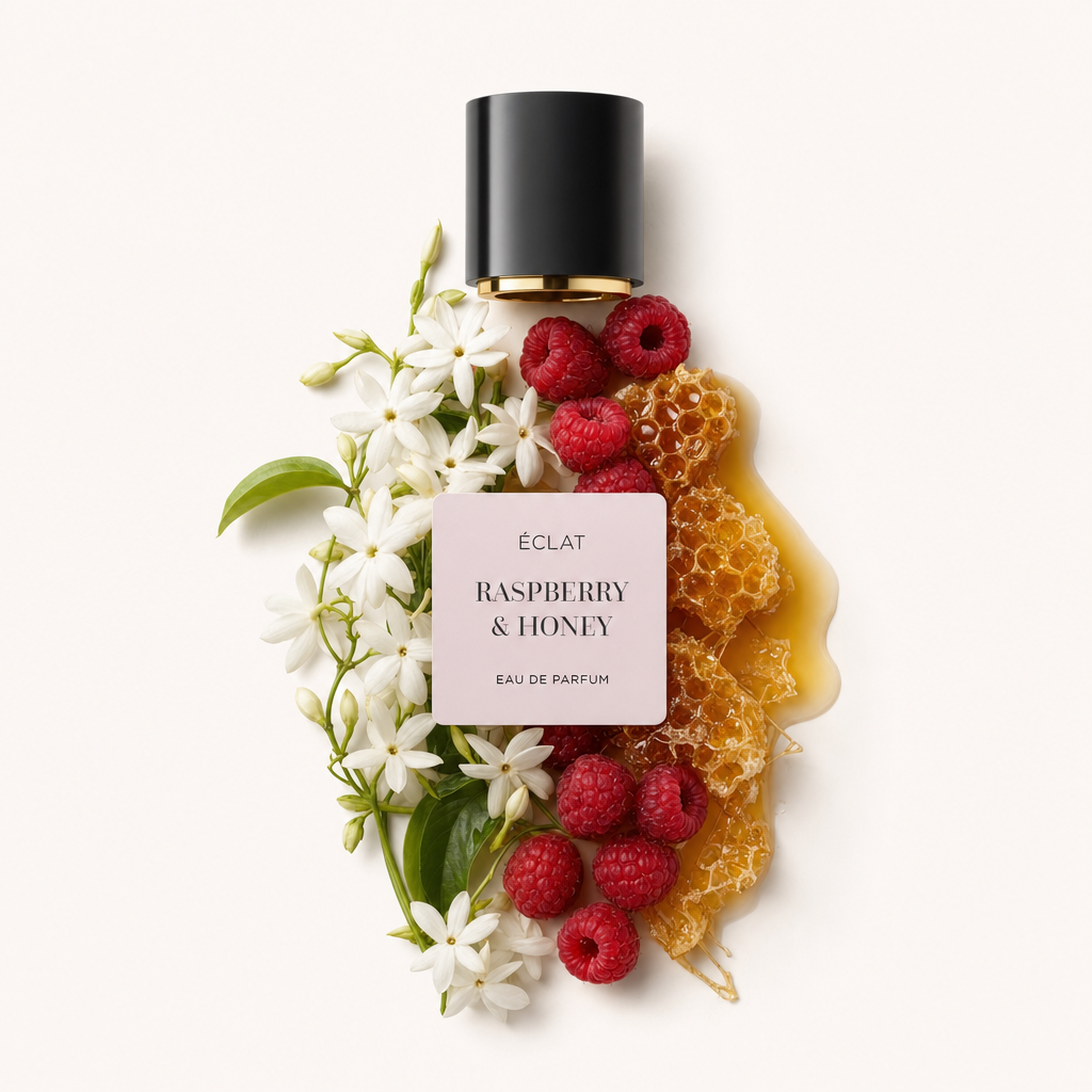 Una elegante composizione di lamponi freschi, favo e fiori di gelsomino circonda un tappo nero con etichetta ÉCLAT Raspberry & Honey.