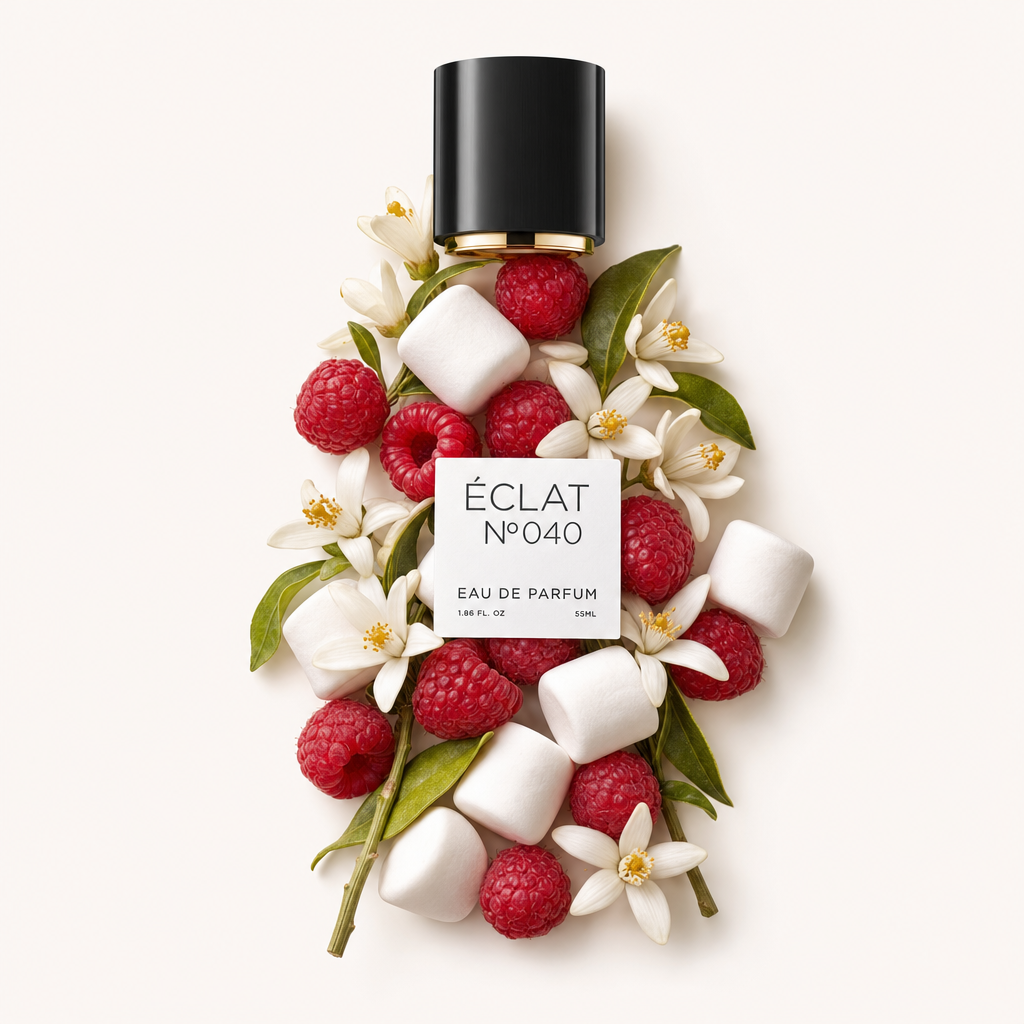 Una composizione di marshmallow bianchi, lamponi freschi e delicati fiori bianchi circonda un tappo nero con etichetta di ÉCLAT VIP Raspberry & Marshmallow.