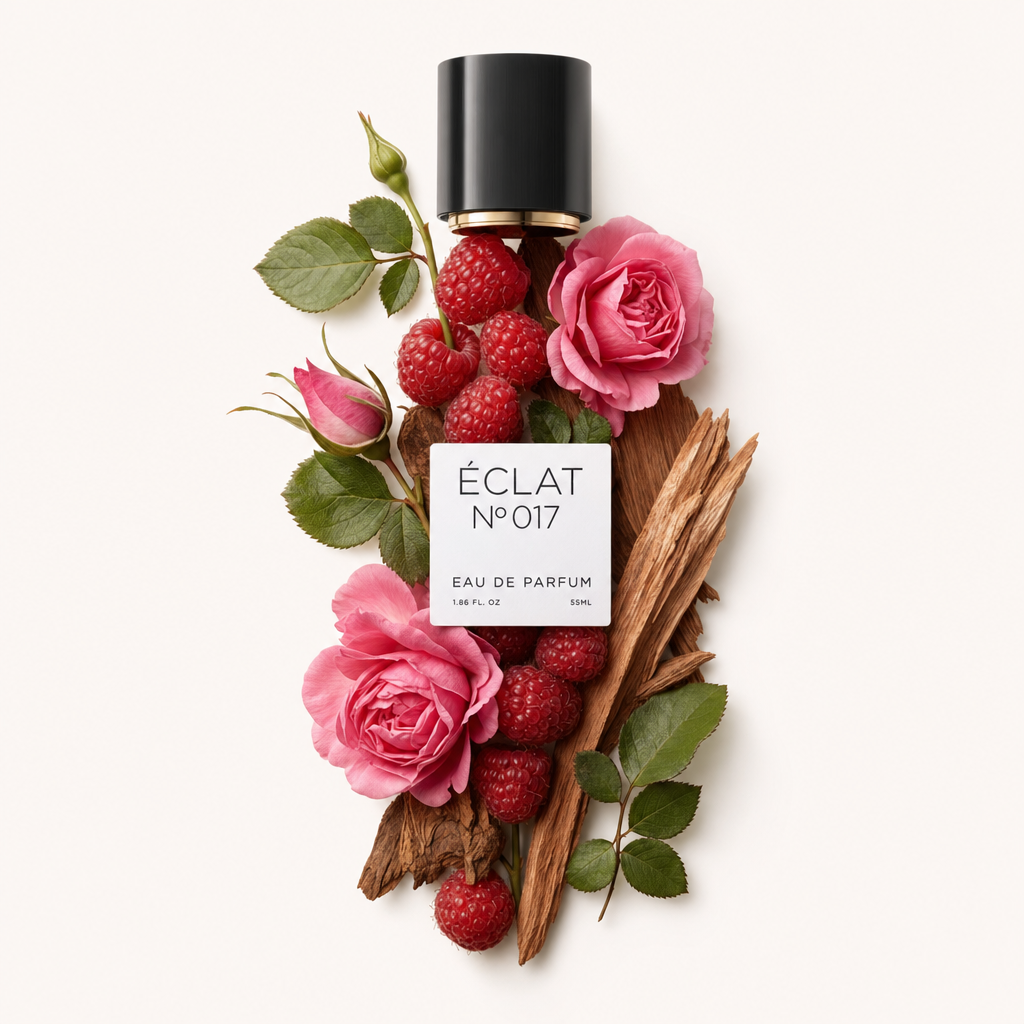 Una composizione di lamponi freschi e rose rosa, intervallati da foglie verdi e accenti di legno. In alto c'è un tappo nero con un'etichetta per ÉCLAT Raspberry & Rose.