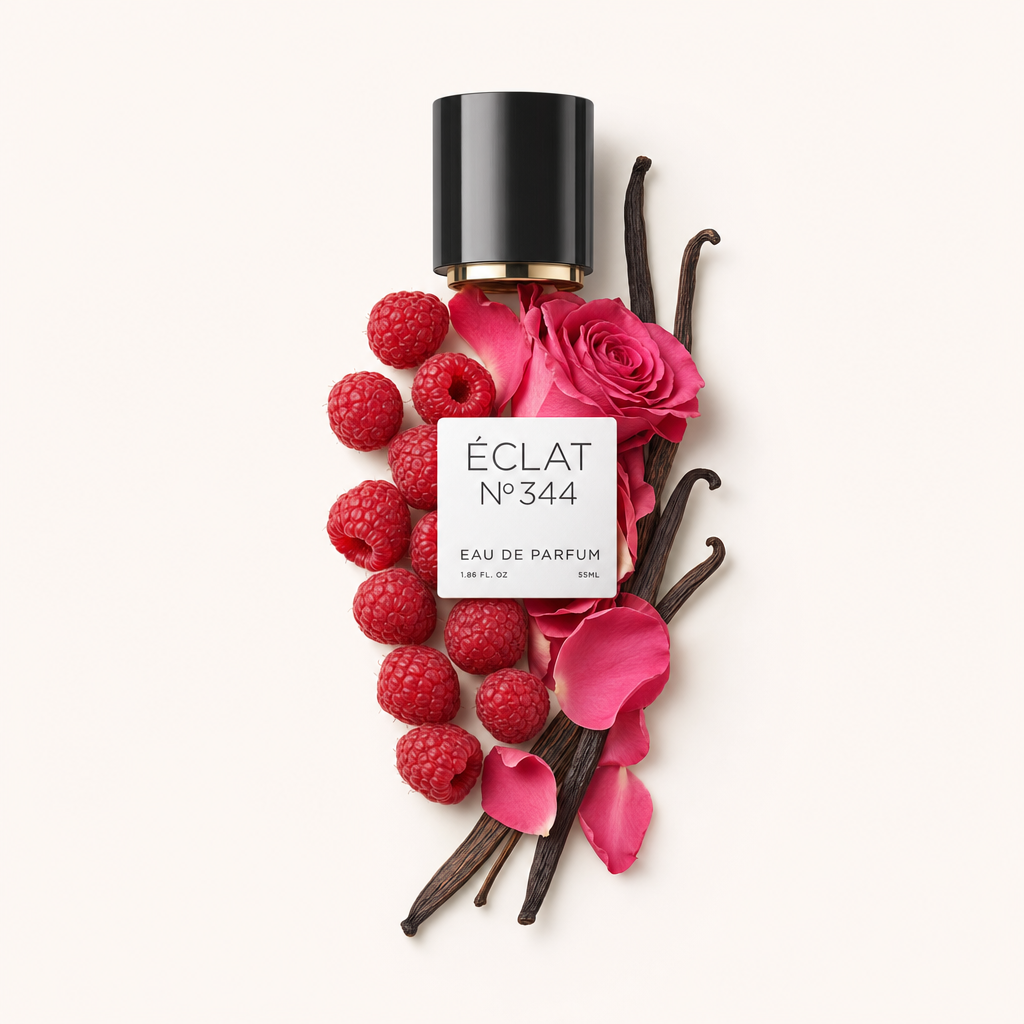 Un'elegante composizione di lamponi, petali di rosa rosa e baccelli di vaniglia circonda un tappo nero con etichetta bianca di ÉCLAT Raspberry & Vanilla.
