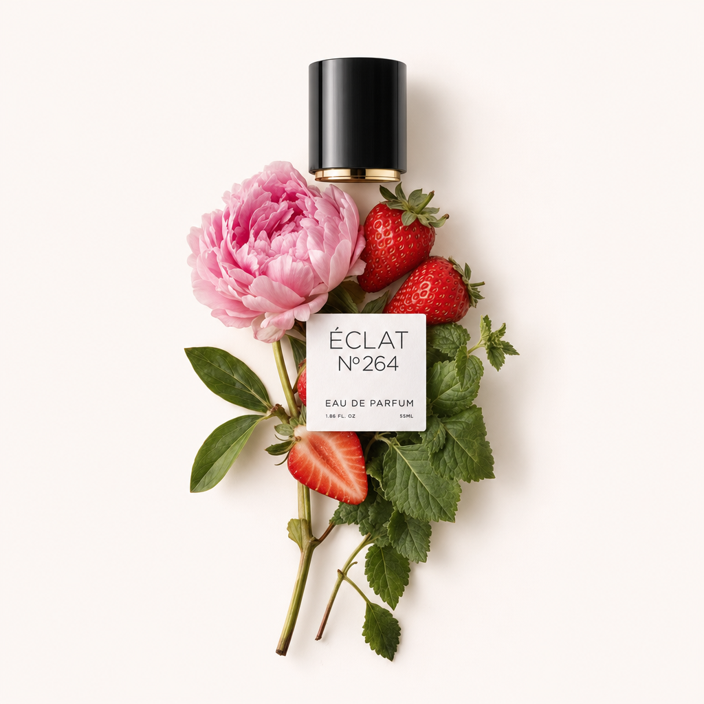 Un arrangiamento di fragole, foglie verdi e una sola peonia rosa intorno a un tappo nero con accento dorato, che mostra l'etichetta di ÉCLAT Red Berries & Patchouli.