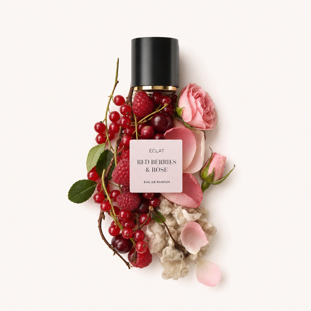 Una composizione di bacche rosse, lamponi e rose rosa circonda un tappo nero con etichetta ÉCLAT Red Berries & Rose.