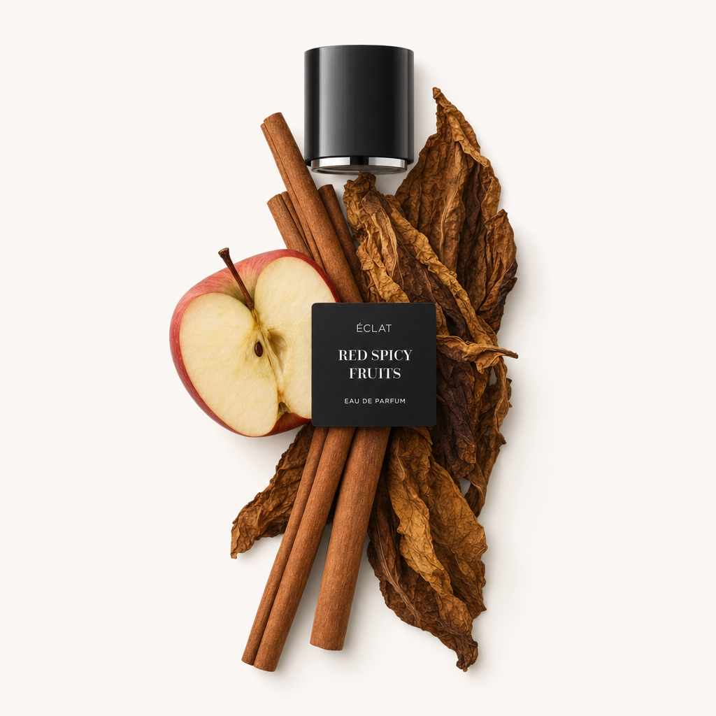 Una composizione di bastoncini di cannella, una mela rossa tagliata a metà e grandi foglie di tabacco essiccate circonda il tappo nero con etichetta di ÉCLAT Red Spicy Fruits.