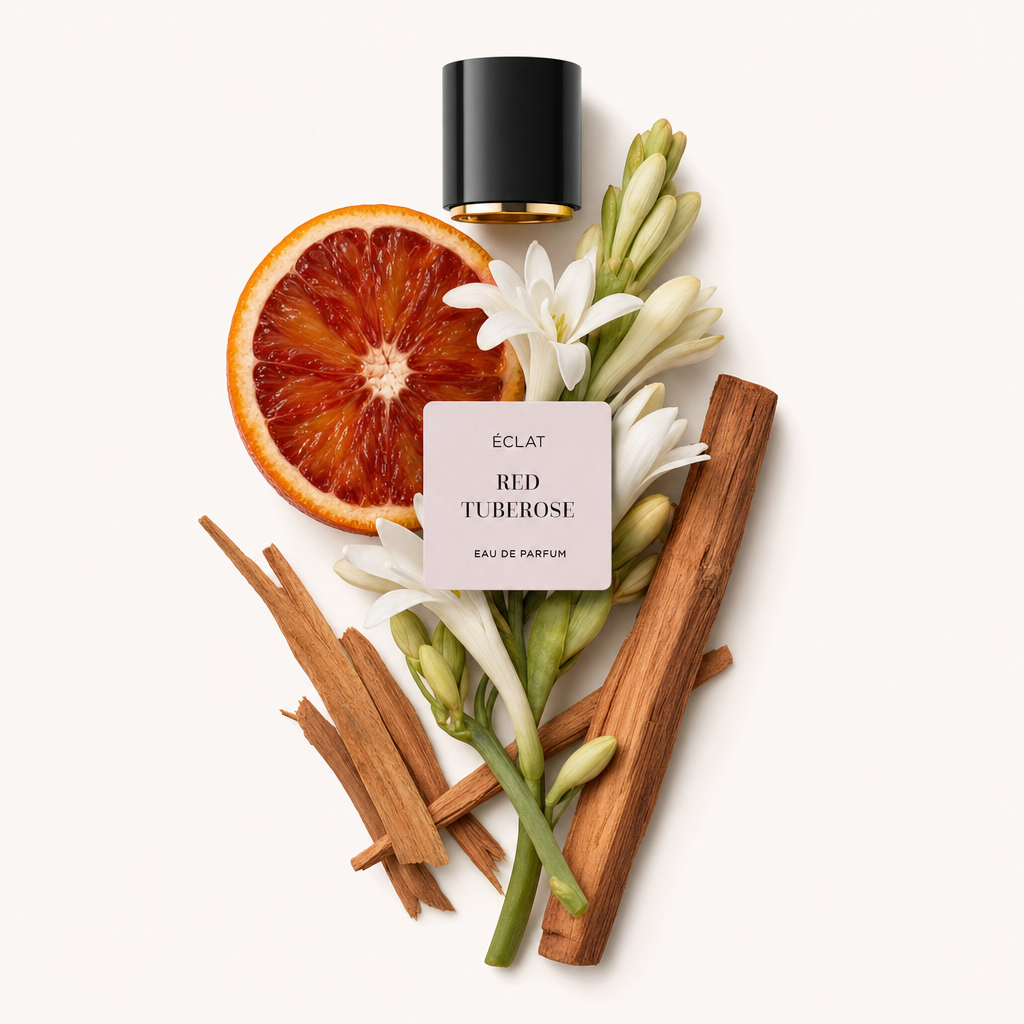 Una composizione di ingredienti ÉCLAT Red Tuberose con bastoncini di cannella, fiori bianchi di tuberosa e una fetta di arancia rossa, accanto a un tappo nero con etichetta.