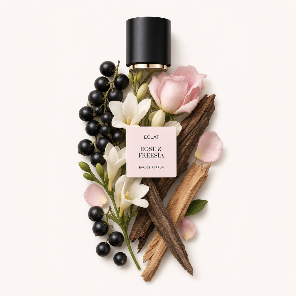 Una composizione di rosa fresca, fresia, ribes nero e note legnose circonda un tappo nero con etichetta ÉCLAT Rose & Freesia.