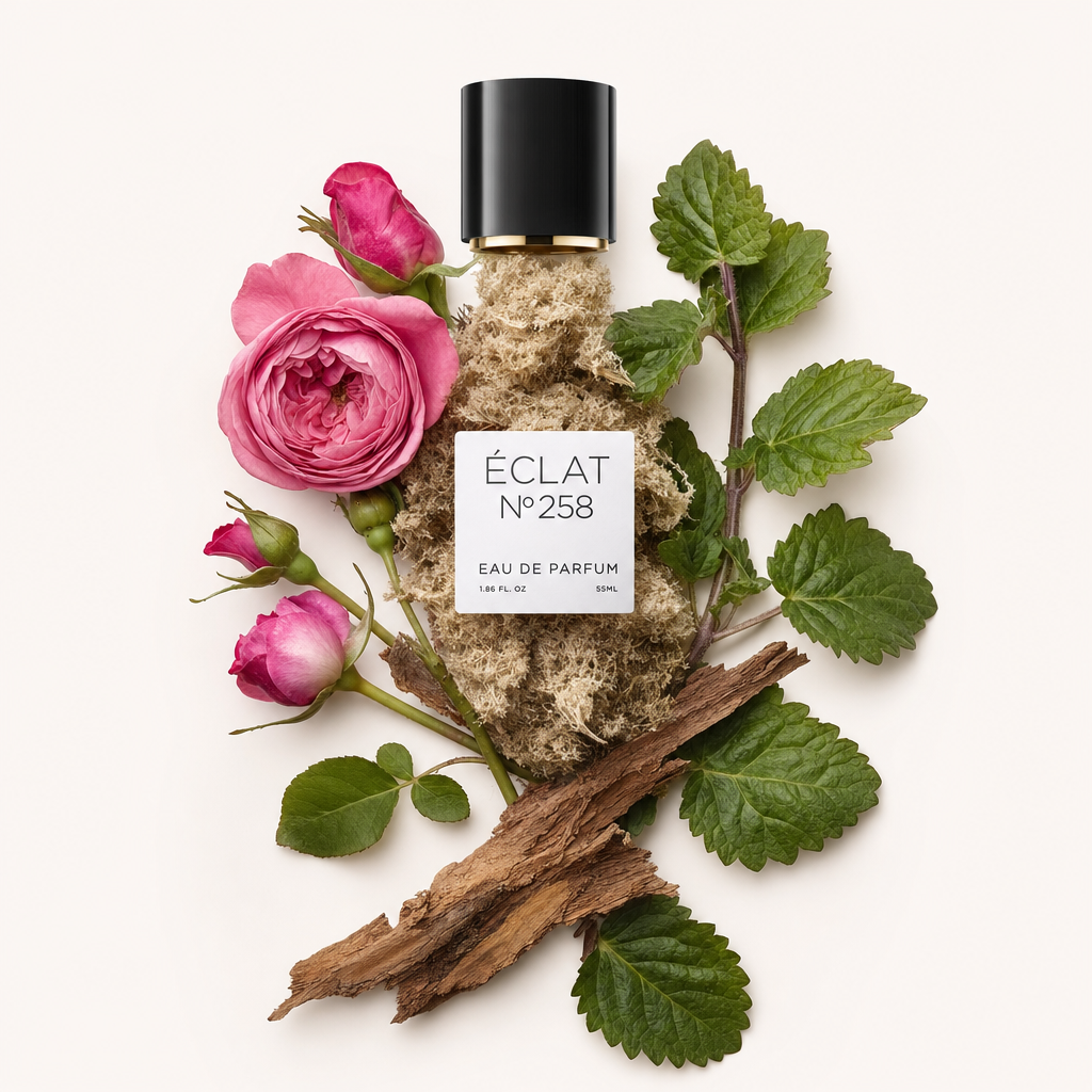 Una composizione organizzata a mano di petali di rosa freschi, muschio morbido ed elementi legnosi, con tappo nero e etichetta di ÉCLAT Rose, Musc & Woods sopra.