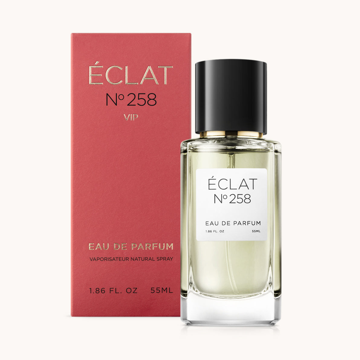Profumo ÉCLAT VIP Rose, Musc & Woods con flacone in vetro trasparente e tappo nero, accanto a una scatola rossa.