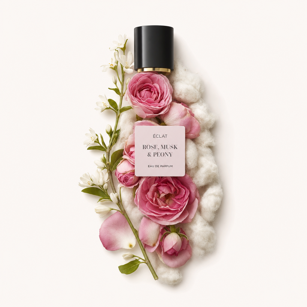 Un arrangiamento di rose rosa, fiori bianchi e morbido cotone circonda un tappo nero con banda dorata. L'etichetta riporta ÉCLAT Rose, Musk & Peony.