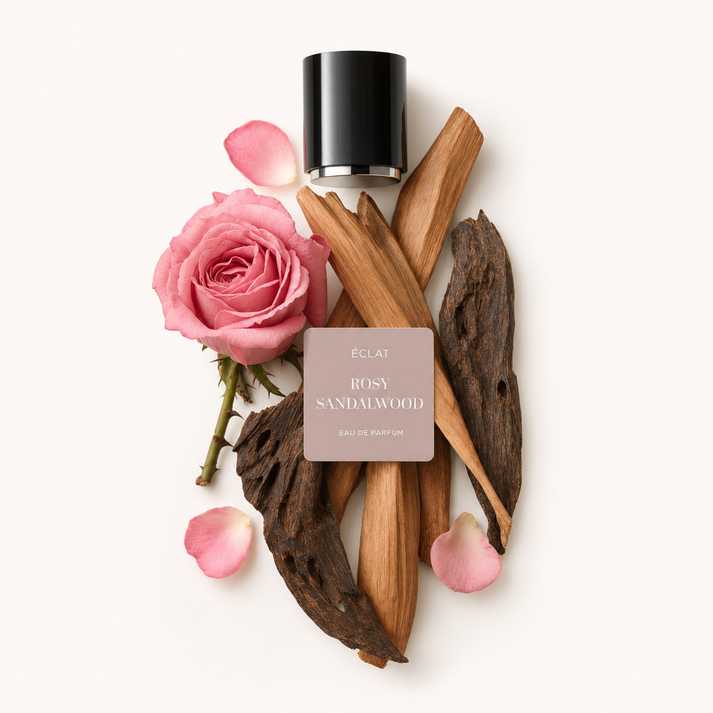 Un arrangiamento di rosa rosa, legno di sandalo e pezzi di legno scuro, con petali rosa, circonda un tappo nero con etichetta di ÉCLAT Rosy Sandalwood.