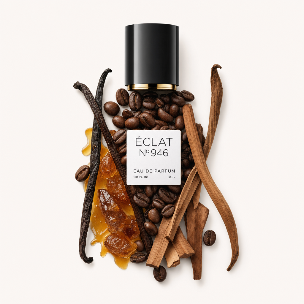 Un arrangiamento di baccelli di vaniglia, chicchi di caffè, caramello e trucioli di legno circonda un tappo nero con etichetta ÉCLAT.