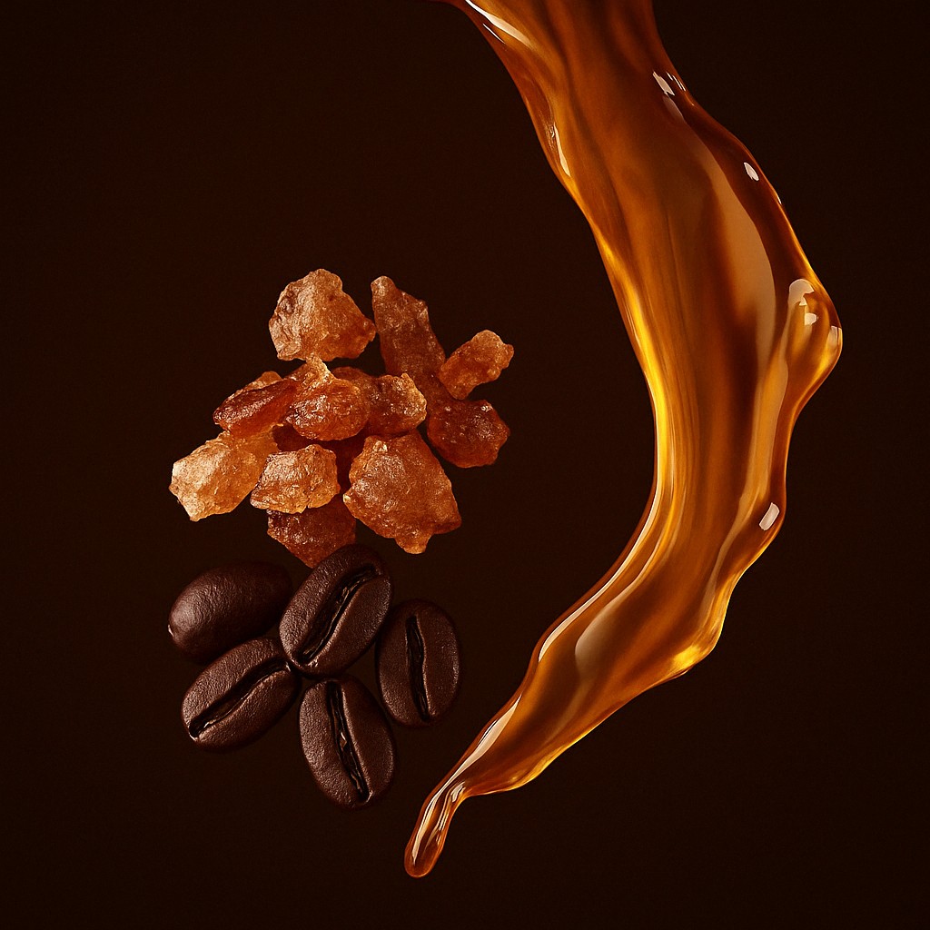 Chicchi di caffè lucenti e gocce di resina ambrata, accompagnati da un'onda vorticosa di liquido dorato, simboleggiano ÉCLAT Rum & Coffee.