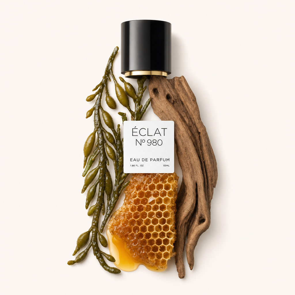 Un arrangiamento di alghe, favo e legno alla deriva circonda un tappo nero con etichetta per ÉCLAT Salty Honey & Woods.