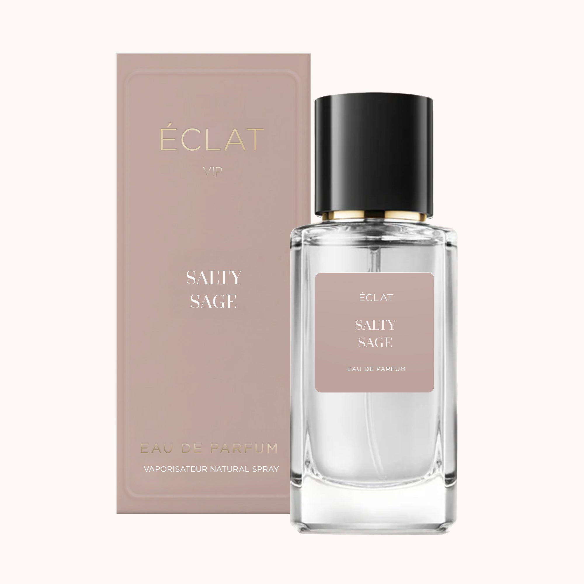 Bottiglia di vetro sfaccettato di ÉCLAT Salty Sage con tappo nero, accanto a una scatola di presentazione beige tenue.