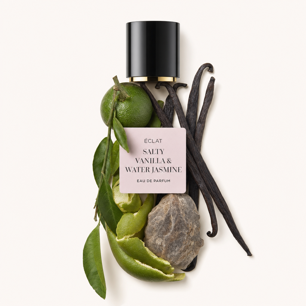 Un arrangiamento di lime, baccelli di vaniglia e foglie verdi con una roccia, circondato da un tappo nero con etichetta ÉCLAT Salty Vanilla & Water Jasmine.