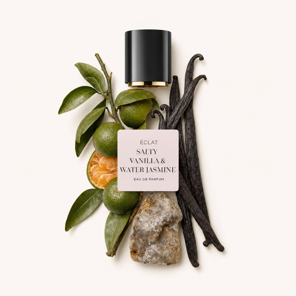 Un arrangiamento che rappresenta gli ingredienti di ÉCLAT Salty Vanilla & Water Jasmine con agrumi, bacche di vaniglia e una pietra accanto a un tappo nero con etichetta.