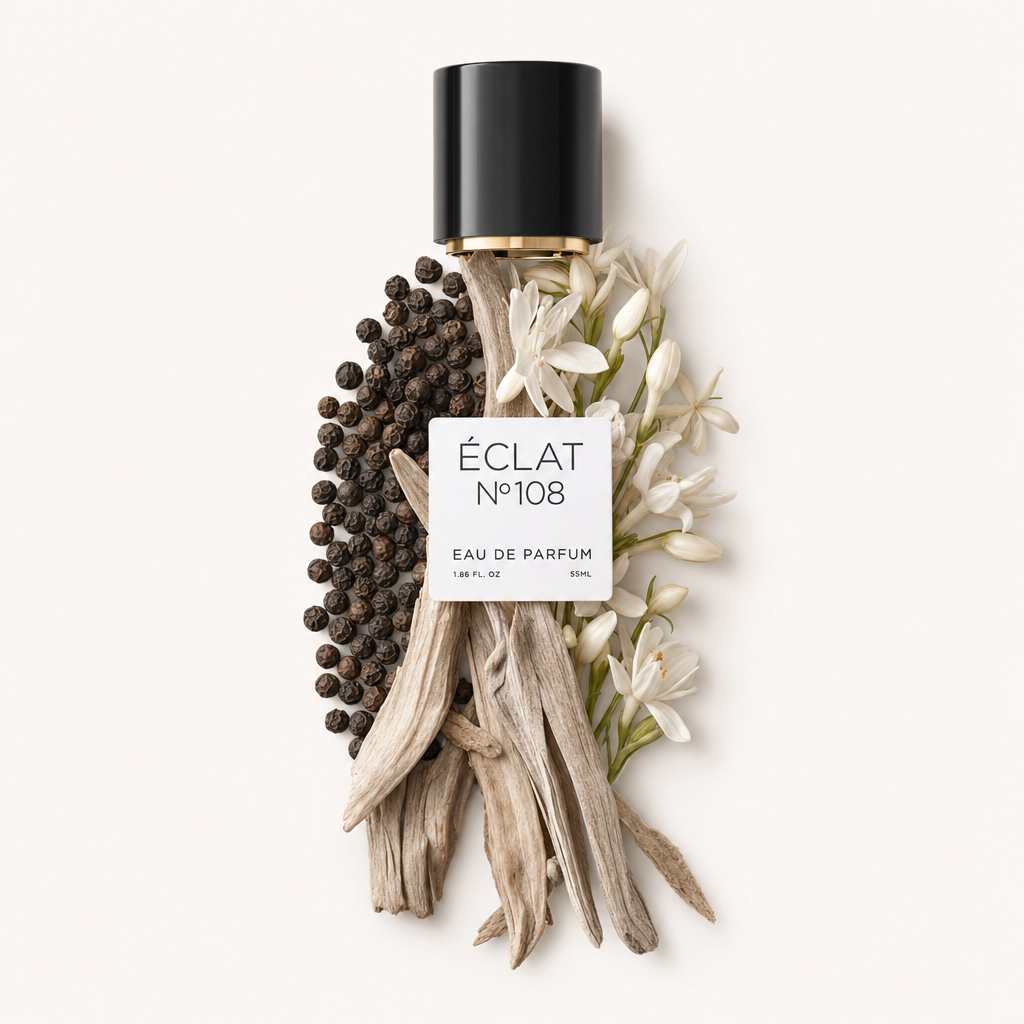 Disposizione di bastoncini di sandalo, grani di pepe nero e fiori di gardenia con un tappo nero etichettato ÉCLAT Sandalwood & Gardenia.