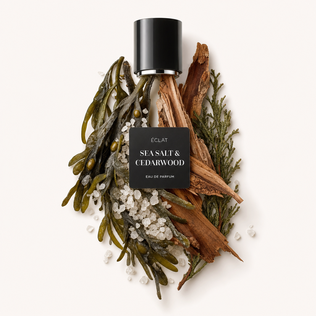 Una composizione di alghe, cristalli di sale, legno di cedro e ramoscelli verdi circonda un tappo nero con etichetta ÉCLAT Sea Salt & Cedarwood.