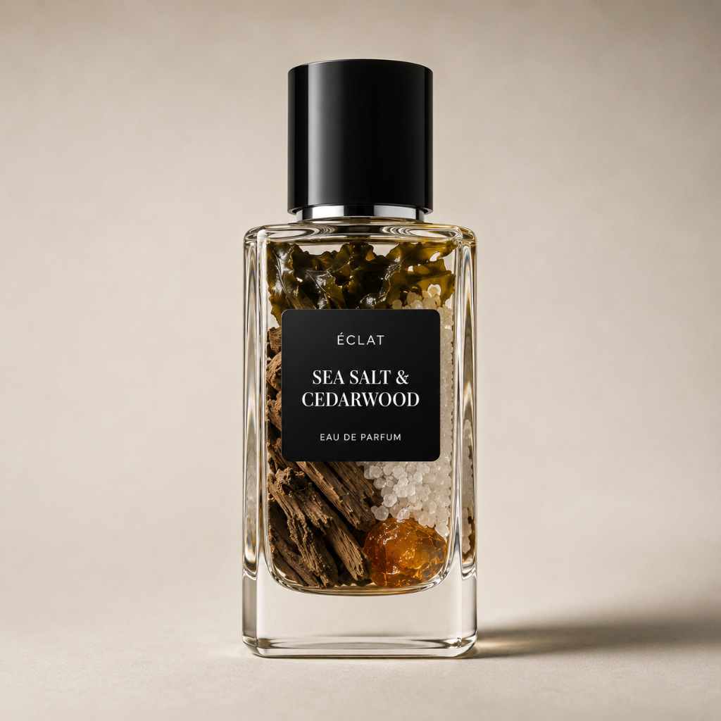 Una bottiglia di vetro sfaccettato di ÉCLAT Sea Salt & Cedarwood con etichetta e tappo neri opachi, contenente elementi testurizzati all'interno.