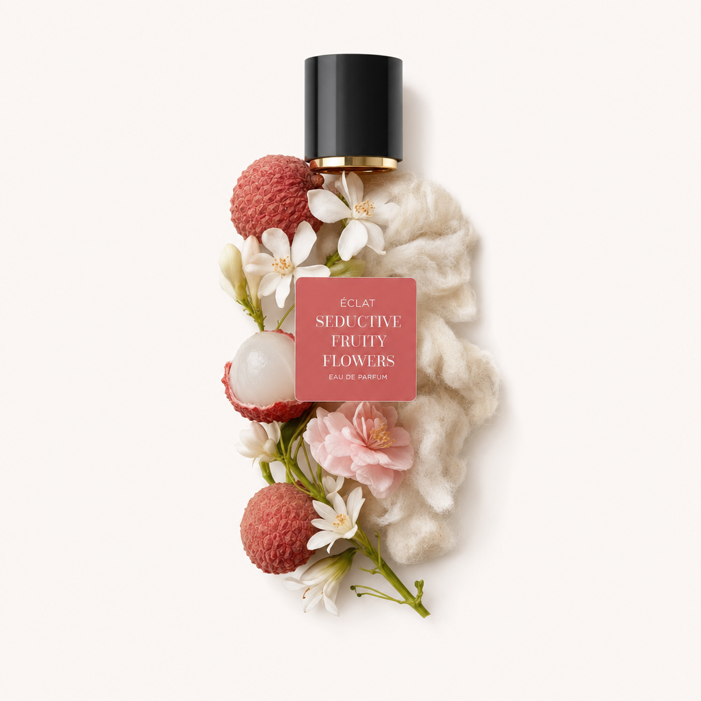 Disposizione di litchi, fiori delicati e un morbido tessuto crema attorno a un tappo nero con etichetta ÉCLAT Seductive Fruity Flowers.